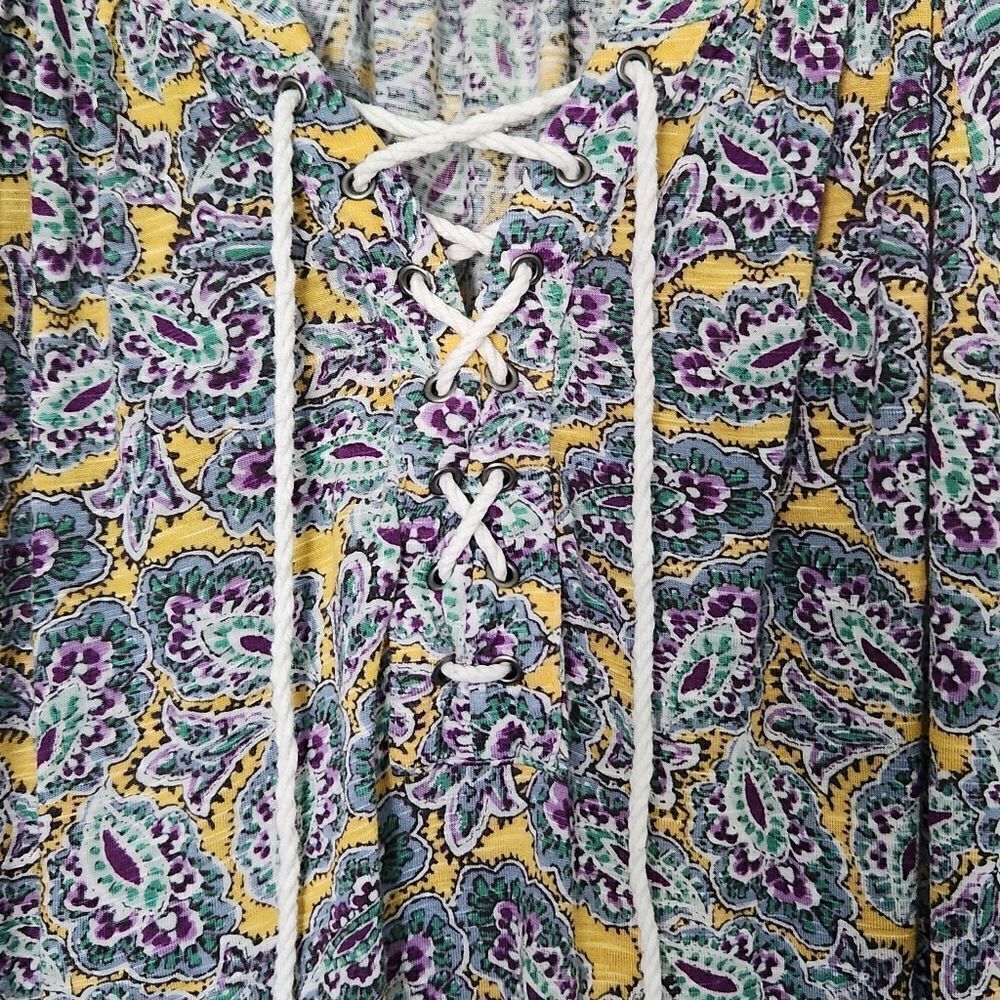 Chaps Womens Short Sleeve Laced Tie Neck Patterned Top Size Large - Picture 5 of 7